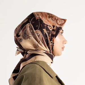<b>Hair</b> Accessory <b>Scarf</b> Brown Caramel Paisley Square <b>Silk</b> <b>Scarf</b> 90x90cm Soft Drape from Turkey - Product Image 3