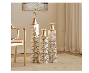 Juego de 3 Jarrones de Piso Metálicos Únicos, Recién Llegados, Jarrones Altos con Diseño de Ramitas Doradas, Acabado Blanco Antiguo, Ideales para Decoración - Product Image 1