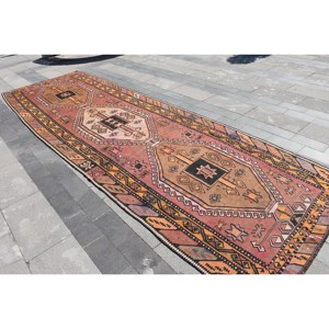 Alfombra turca Kilim de 4,9x15 pies, diseño de retazos marrón y naranja, técnica de tejido plano, Material de lana viscosa para adolescentes, estilo Tabriz - Product Image 4