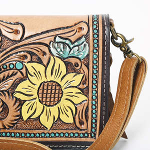 กระเป๋าสลิงหนังแท้สำหรับผู้หญิงสลักลายดอกทานตะวันและดอกไม้หรูหราฤดูใบไม้ร่วง - Product Image 3
