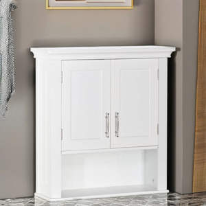 Two-Door Solid Wood <b>White</b> Modern <b>Wall</b> Kitchen <b>Cabinet</b> <b>Bathroom</b> Storage Solution - Product Image 2