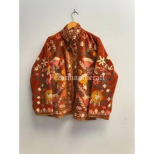 Veste courte en velours brodée Suzani en gros avec doublure intérieure en coton Veste décontractée pour femmes Deux poches latérales - Product Image 5