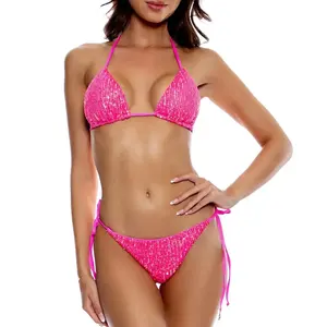 Conjunto de Bikini Brasileño Rosa con Cuello Halter y Tiras, Traje de Baño con Sujetador Push-up y Estampado Digital, Conjunto de 2 o 3 Piezas, ¡Elegante y de Moda! - Product Image 1