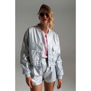 Chaqueta Bomber Metálica Plateada con Bolsillos Delanteros para la Temporada de Primavera - Product Image 2