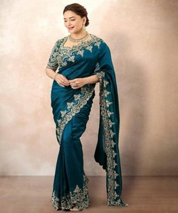 DISEÑADOR CHINON SILK PIPING FRONTERA TRABAJO SAREE CON BLUSA SIN COSTAR DESPIECE FESTIVAL PRECIO AL POR MAYOR ROPA ÉTNICA TEAL - Product Image 1