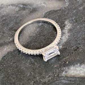 Anillo de Plata de Ley con una Sola Piedra, Corte Esmeralda, Diamante Natural, Joyería Fina de Compromiso con Certificado IGI, Chapado en Rodio, Perla - Product Image 1