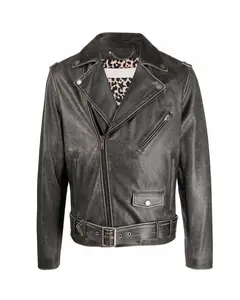 블랙 가죽 레오파드 질감 오토바이 재킷 앞 포켓 벨트 허리 도매 지퍼 전체 소매 안전 재킷