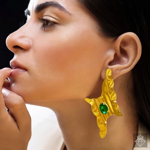 PRAO Women's Trendy Thunderbolt Emerald Stud Earrings Gold Plated Anti-Tarnish Fashion <b>Jewellery</b> Bulk Product Mainly Made <b>Brass</b> - Product Image 4