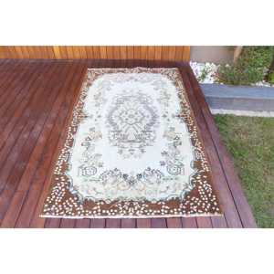 3.9x6.6 ft Vintage Turkish Rug, Area Rug, <b>Brown</b> White Southwestern <b>Wool</b> Rug - Product Image 1