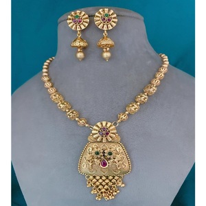 Elegante alta calidad chapado en oro piedra Look diseño Kundan collar pendientes conjunto mujeres tradicional boda compromiso regalo - Product Image 1