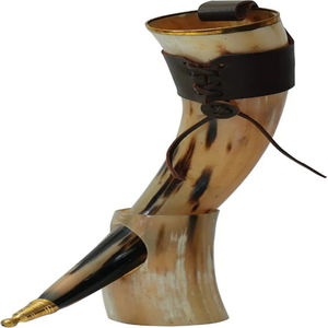 Viking Original 1000 ML 33 OZ véritable support de tasse en corne de bière artisanale avec bracelet en cuir finition polie pointe en métal verres - Product Image 1