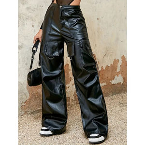 Pantalon en cuir pour femme taille haute avec poches avec cordons de serrage style streetwear à la mode vêtements décontractés modernes - Product Image 1