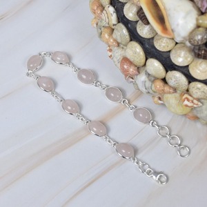 925 Sterling Silver Rose Quartz Gemstone Bracelet Réglable Forme Ovale À La Main Designer Bijoux Or pour Les Fêtes Anniversaires - Product Image 4