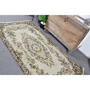 Tapis en laine marron beige antique de 3.6x6.7 pieds Design patchwork turc vintage tissage plat en latex pour la décoration de salon pour les adolescents - Product Image 4
