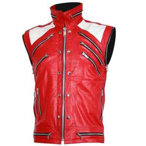 Michael Jackson Red White Beat It Autumn Stand Collar Finished Genuine <b>Leather</b> <b>Jacket</b> - Product Image 2