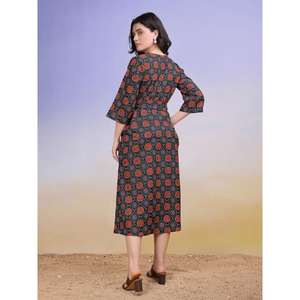 Robe décontractée mi-longue à col en V imprimée à fleurs et manches cloche pour femmes - Product Image 2