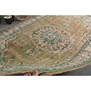 Alfombra turca Vintage de 6 'X 9 ', tejido plano de lana verde y beige con patrón de retazos, alfombra para sala de estar con respaldo de látex - Product Image 5