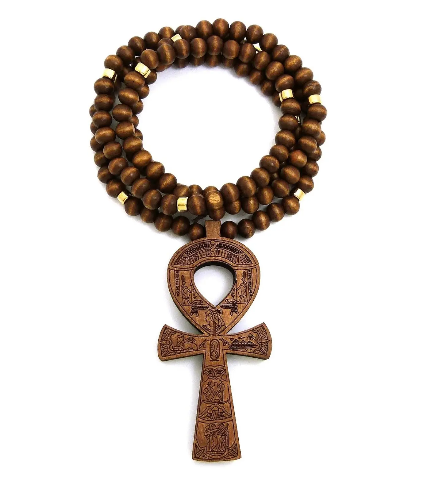 Egypt Key of Life Ankh Pendant 8mm 36" Wooden Bead Necklace in Black Brown Tone Circle Pieces Round Wooden Diameter