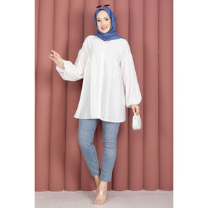 Tunique simple et tendance à manches ballon, détails froncés, en popeline de coton satiné blanc imprimé, décontractée pour le quotidien, tailles XL, L, XL, pour le printemps et l'automne - Product Image 3