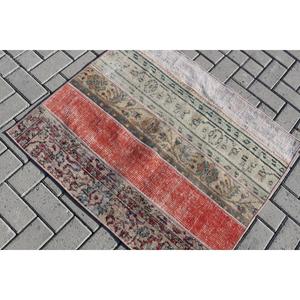 3x3.37 ft Turkish Vintage Eco-Friendly <b>Wool</b> Rug <b>Red</b> Patchwork Check Rug with Latex Backing - Product Image 4