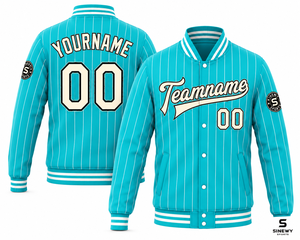 SINEWY SPORTS Veste universitaire unisexe hiver grande taille à rayures turquoise, personnalisable avec nom et numéro par impression par sublimation - Product Image 1