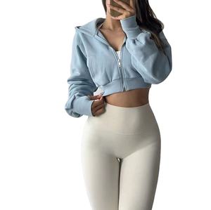 High Quality Winter Streetwear Women's <b>Zipper</b> Crop <b>Top</b> Hoodies with Stand Collar and Front Logo Custom Fabric Wholesale - Product Image 1