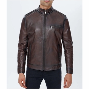 Blouson de motard noir en cuir pour hommes - Product Image 5