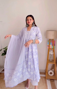 Último diseñador puro algodón lavanda Floral blanco cuello en V Dupatta conjunto bloque de mano impreso para fiesta de oficina informal indio paquistaní - Product Image 2