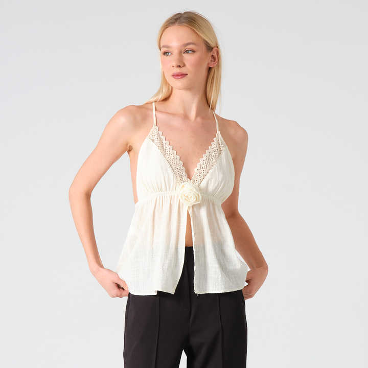Stylish Women's Lace and Rose Embroidered Linen Blouse Elegant Geometric Pattern Top in Sizes S M L XL for Work Occasions