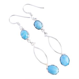 Pendientes de gancho chapados en oro con piedras preciosas naturales Larimar con forma ovalada de Plata de Ley 925 al por mayor, joyería de moda para mujeres y niñas - Product Image 1