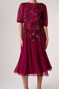 ชุดเดรสสีแดงเข้มชุดราตรียาวครึ่งแขนขนาดใหญ่พิเศษชุดเดรสออกงานปักลายคอกลมสำหรับงาน - Product Image 5