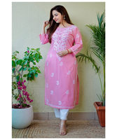 Kurti Etnik Wanita Panjang hingga Lutut, Campuran Katun Rayon Crape Satin Multi Warna, Bordir Benang, Dapat Dicuci Mesin, Terbaru