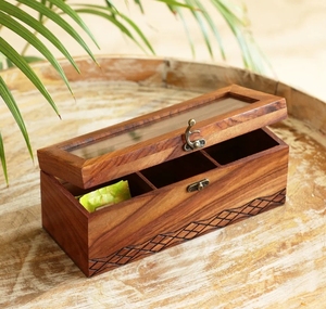 Organisateur de sachets de thé Caddy 3 sections avec serrure Boîte à thé Sesham Boîtes de rangement en bois Organisateur de station de thé pour comptoir - Product Image 2