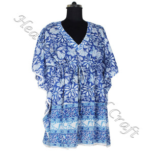 100% algodón Mujer ropa de dormir bloque de mano estampado Kaftan vestido KFCS081 peso ligero mujeres Casual ocasión desgaste corto caftán vestido - Product Image 6