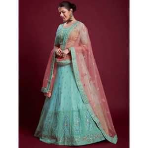 Robe de bal longue en georgette à paillettes turquoise douce, Lehenga Choli pour réception et soirées - Product Image 2