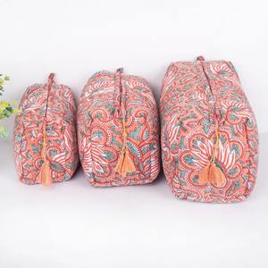 Indian Cotton Peach Floral Hand Block Print <b>Large</b> Vintage Water Resistant Eco-Friendly Durable Travel Case Quilted <b>Zipper</b> Makeup - Product Image 1