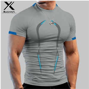 เสื้อยืดกีฬาแขนสั้นทรงสลิมฟิตสำหรับผู้ชาย ElevateX International ลายพิมพ์เรขาคณิต แห้งเร็ว คอกลม ผ้าถักโพลีเอสเตอร์ สีน้ำเงินเขียว - Product Image 5