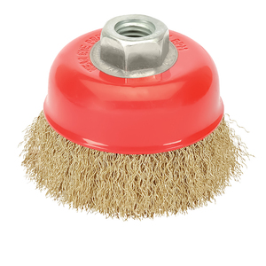 Spazzola a tazza in acciaio placcato ottone, diametro 120 mm. Filettatura M14 / diametro filo 0,30 mm. - Product Image 1