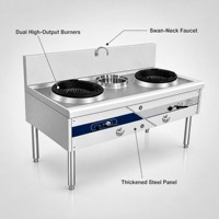 Kompor Wok Gas Komersial Dua Tungku Satu Tingkat dari Baja Anti Karat dengan Wastafel Tengah dan Keran Putar
