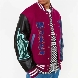OEM Custom Chenille Vintage Patches Leather Sleeve Color Block Rib Cuff Varsity <b>Jacket</b> for Men Winter Hot Fashion - Product Image 4