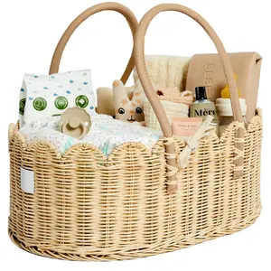 Minimalism Rattan Diaper Caddy Organizer With Scalloped Edge Stunning Rattan Baby Diaper Basket