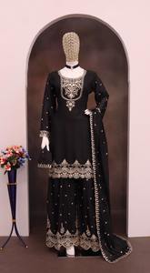 Precioso traje Reyna Palazzo hecho a mano en tela Chinon con exquisita Secuencia de bordado y trabajo de hilo traje festivo Ideal - Product Image 4