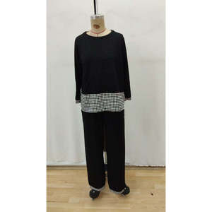 Conjunto de dos piezas de blusa y pantalón de viscosa de dos hilos con detalle de pata de gallo y cuello redondo de manga larga para mujer, 31835 - Negro - Product Image 4