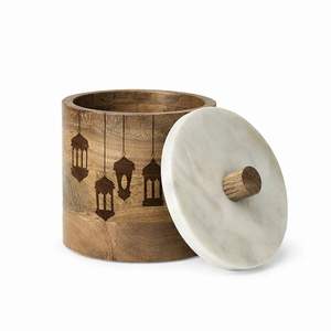 Pot de rangement en bois avec motif de croissant de lune et de mosquée, couvercle en marbre, boîte décorative pour la décoration de la maison islamique - Product Image 5