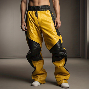 Noir jaune taille élastique pantalon en cuir hommes en plein air Style de rue en cuir PU pantalon pantalon hommes personnalisé en cuir panneau pantalon hommes - Product Image 2