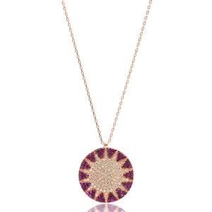 Colgante con Diseño de Sol Redondo y Piedra de Zirconia Rubí, Hecho a Mano en Turquía, Joyería de Plata de Ley 925 al por Mayor - Product Image 1