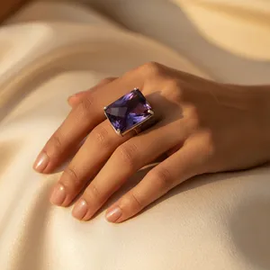 Geometric <b>Amethyst</b> Cocktail <b>Ring</b> 925 Silver Emerald Cut Bohemian Women's Fashion Jewelry February Birthstone - Product Image 2