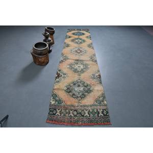 Alfombra turca vintage beige verde 2,6x11,4 pies área grande diseño clásico de retazos rectangulares respaldo de látex de lana para alfombra de habitación de pasillo - Product Image 1