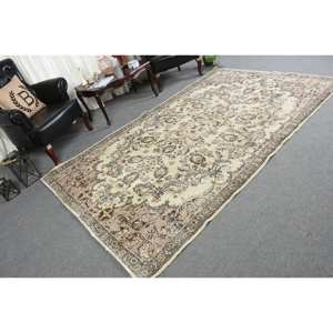 Alfombra tradicional de lana Beige de 5,5x9,2 pies, hecho a mano aparador turco, diseño rectangular de retazos para sala de estar con respaldo de látex - Product Image 2