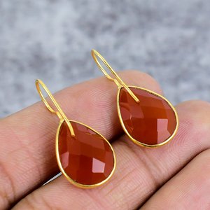 ต่างหูพลอยคาร์เนเลียนสีส้ม925เงินสเตอร์ลิงชุบทองลูกแพร์ที่ทันสมัยของขวัญแต่งงานที่สมบูรณ์แบบสำหรับผู้หญิง - Product Image 4